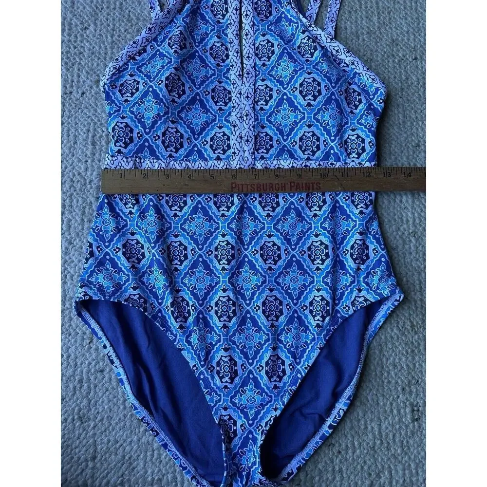 Tommy Bahama Womens Blue Tika Tiles Cutout Halter One-Piece Swimsuit Size 8